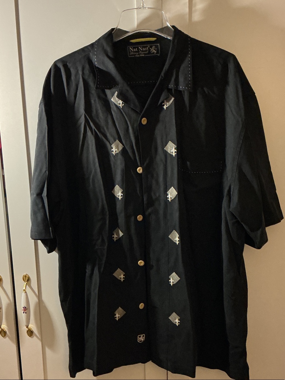 Nat Nast Black Short Sleeve Button-Down Shirt with Silver Diamond Motifs